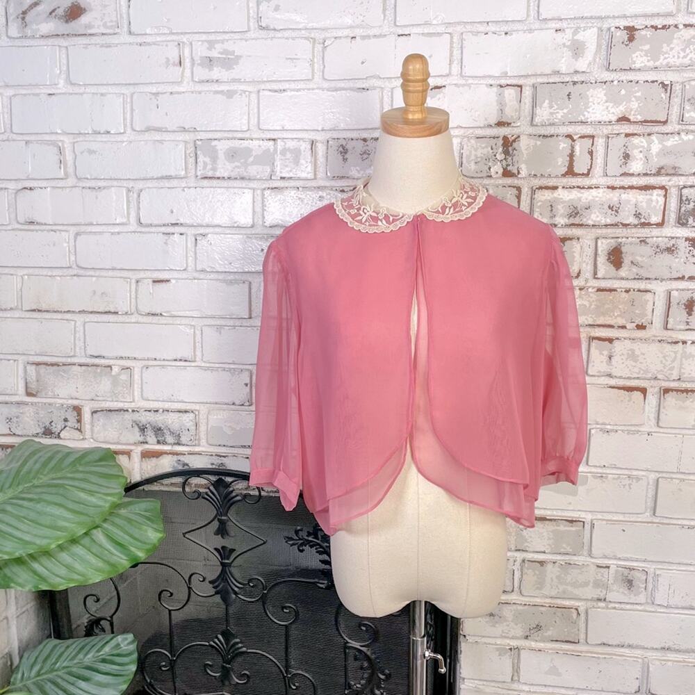 Vintage 70s Pink Sheer Bolero With Scalloped Lace Collar Puff Sleeve Chiffon